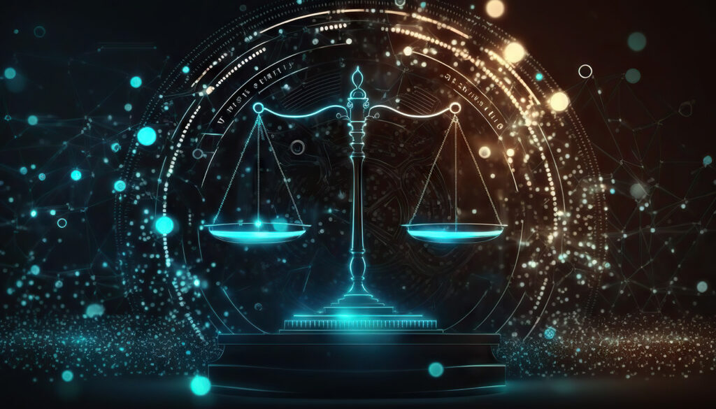 digital rendering of the scales of justice on dark background surrounded by digital tech looking shapes and symbols